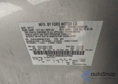 2013 Ford Flex Se из США, поврежденный, VIN 2FMGK5B88DBD37900